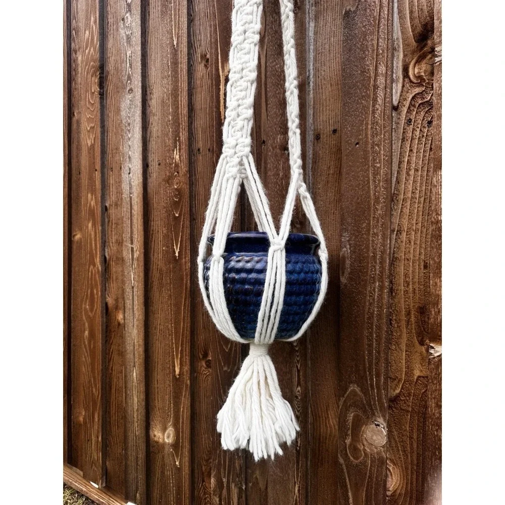 Macrame Cream Plant Hanger Boho 70s Hanging Planter w/ Owl Accents 58